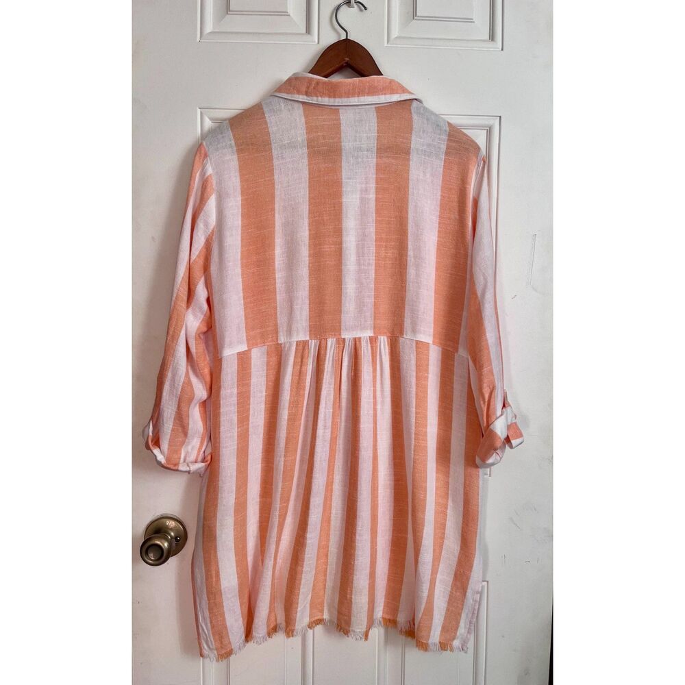 Ruby Rd petite orange/white striped linen button down blouse large - Picture 2 of 4